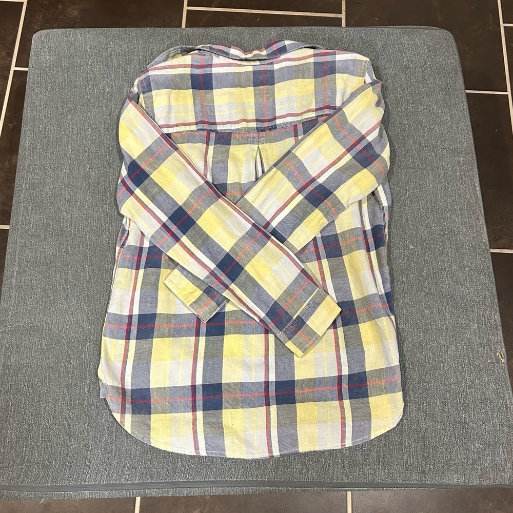 American Eagle Outfitters Flannel Womens‎ Light Yellow & Blue Flannel Size Large - Picture 2 of 7